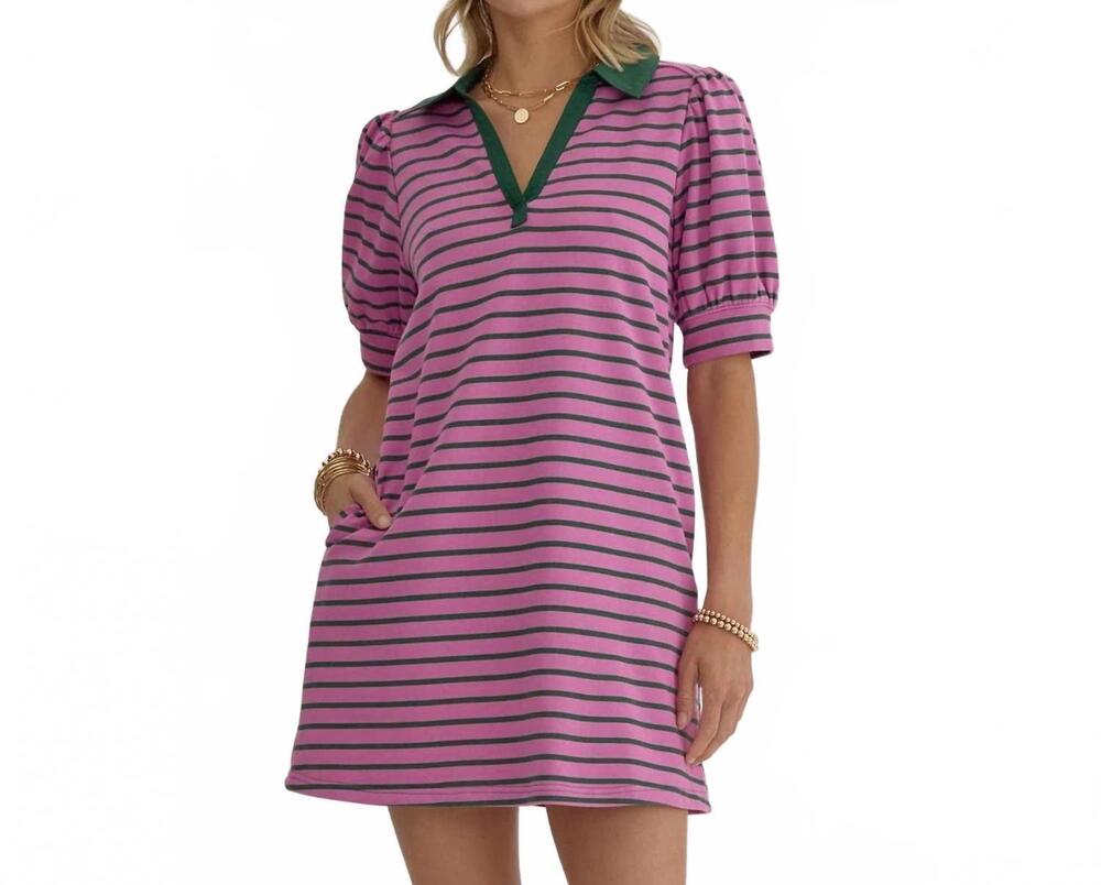 NEW STYLE USA stripe print v-neck puff sleeve collared mini dress in orchid